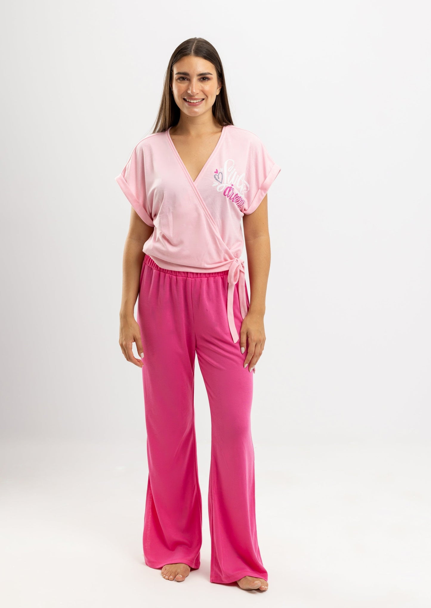 Summer V Neck Full Pyjama Pink