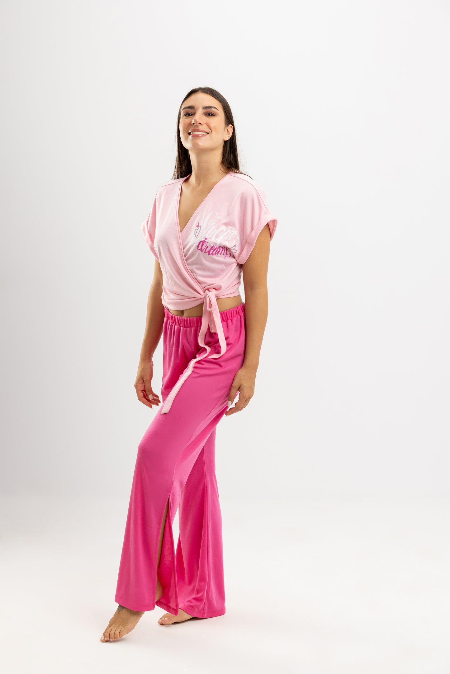 Summer V Neck Full Pyjama Pink