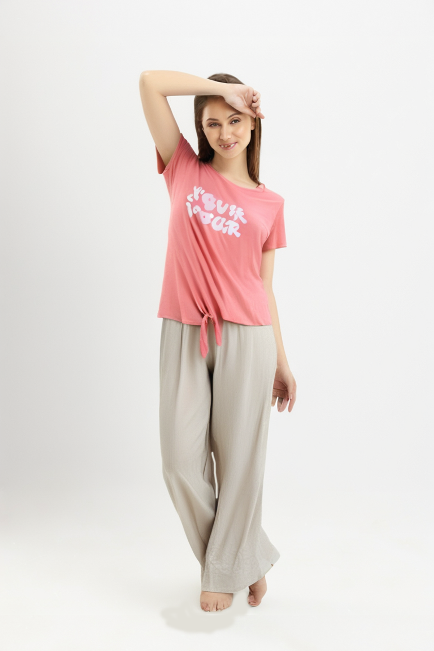 Grey Peach Summer Full Pyjama Pink